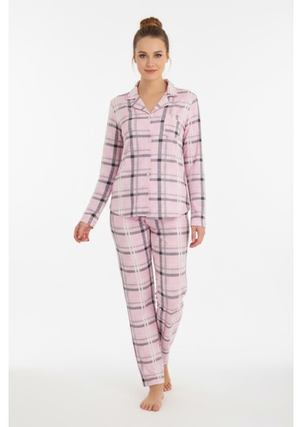 Luxury Viscose Pembe Ekose Desenli Kadın Uzun Kollu Pijama Takımı – 42550