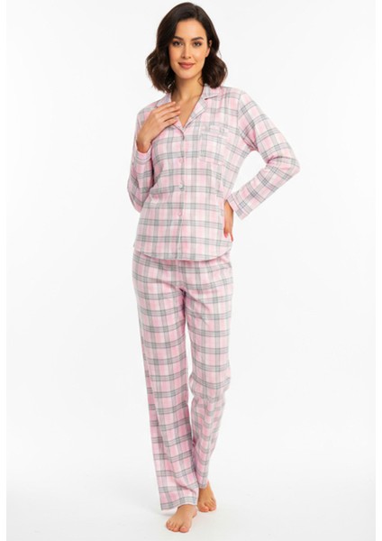 Luxury Viscose Pembe Ekose Desenli Kadın Uzun Kollu Büyük Beden Pijama Takımı – 42531