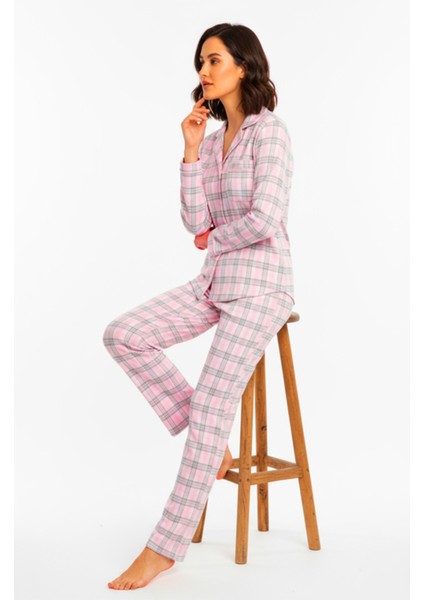 Luxury Viscose Pembe Ekose Desenli Kadın Uzun Kollu Büyük Beden Pijama Takımı – 42531 modelleri