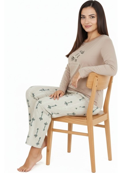 Üstü Yazılı Altı Çizgili Elite Viscose Uzun Büyük Beden Pijama Takımı Pudra 3597 modelleri