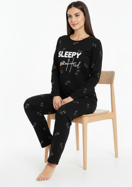 Sleepy Yazılı Elite Viscose Pijama Takımı Uzun Siyah 3552