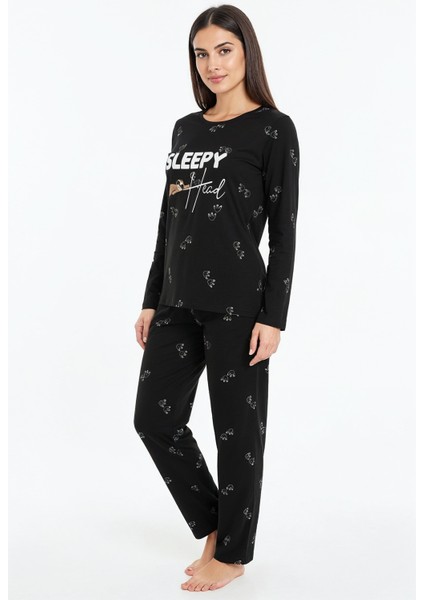 Sleepy Yazılı Elite Viscose Pijama Takımı Uzun Siyah 3552 fiyatları