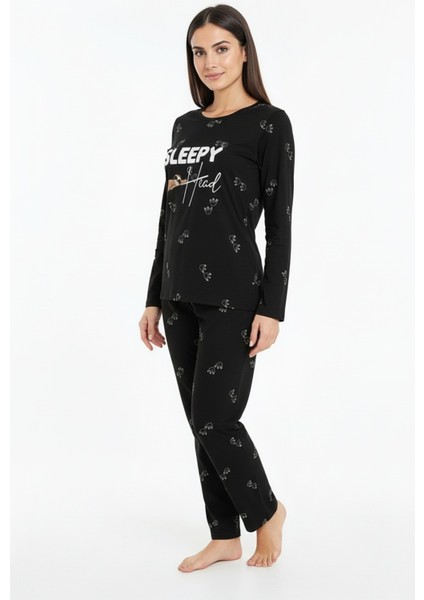 Sleepy Yazılı Elite Viscose Pijama Takımı Uzun Siyah 3552 modelleri