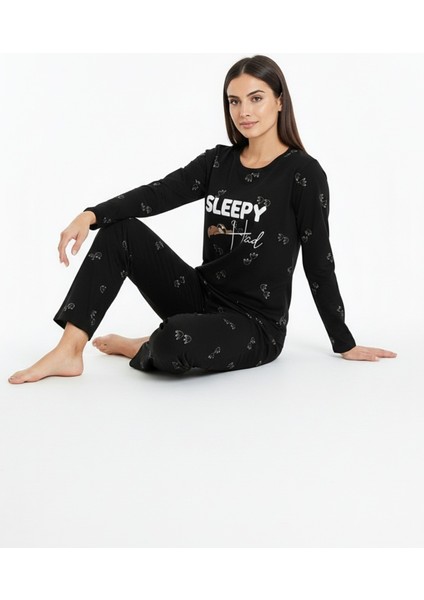 Sleepy Yazılı Elite Viscose Pijama Takımı Uzun Siyah 3552 indirimleri