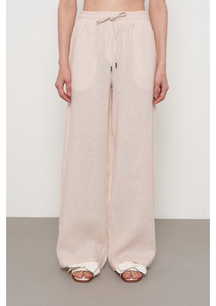 Kadın %100 Keten Bol Paça Düz Renk Pantolon