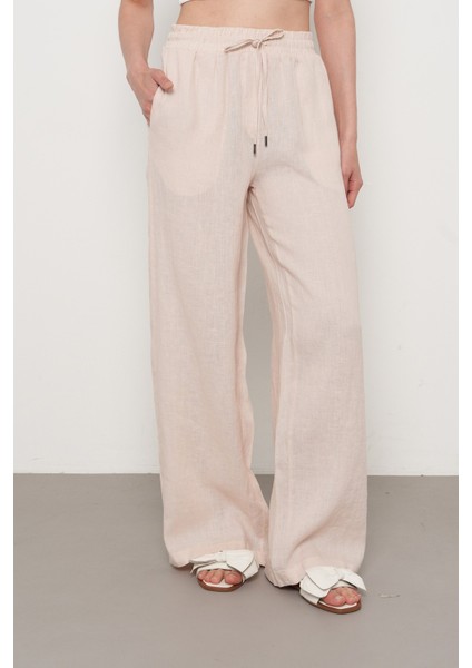 Kadın %100 Keten Bol Paça Düz Renk Pantolon modelleri