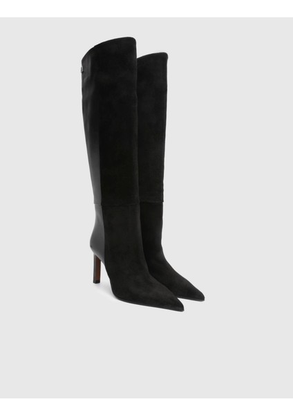 Erica Hakiki Süet Deri Kadın Siyah Topuklu Çizme