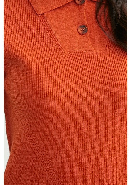 Şal Yaka Yarım Düğmeli Triko Süveter - Oranj indirimleri