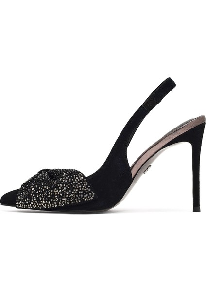 Kadın Siyah Arkası Açık Taşlı Ince Yüksek Topuklu Süet Deri Ayakkabı 25WFD490910 indirimleri
