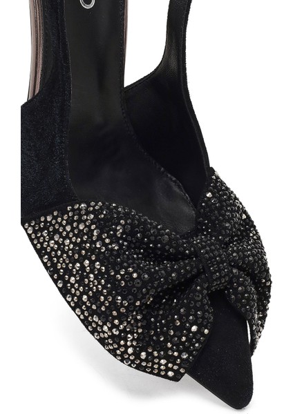 Kadın Siyah Arkası Açık Taşlı Ince Yüksek Topuklu Süet Deri Ayakkabı 25WFD490910