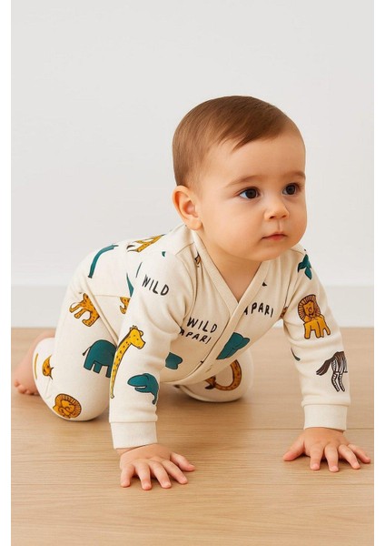 Erkek Bebek Safari Baskılı Çıtçıtlı Yenidoğan Bebek Tulumu %100 Pamuk Esnek 1-3-6 Aylık modelleri