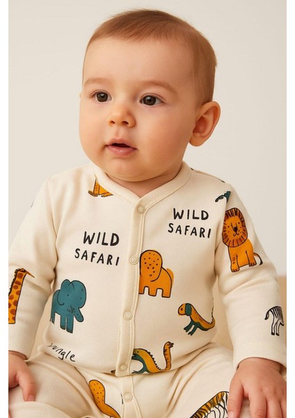 Erkek Bebek Safari Baskılı Çıtçıtlı Yenidoğan Bebek Tulumu %100 Pamuk Esnek 1-3-6 Aylık fırsatları