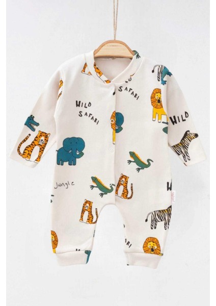 Erkek Bebek Safari Baskılı Çıtçıtlı Yenidoğan Bebek Tulumu %100 Pamuk Esnek 1-3-6 Aylık indirimleri