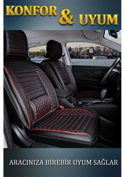 Nissan Skystar Deri Oto Koltuk Kılıfı Ön Arka Set Plus Serisi Siyah Kırmızı Scr