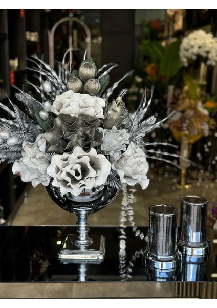 Yapay Çiçekli Gümüş Kare Ayak Vazo 3 Parça Set No:7