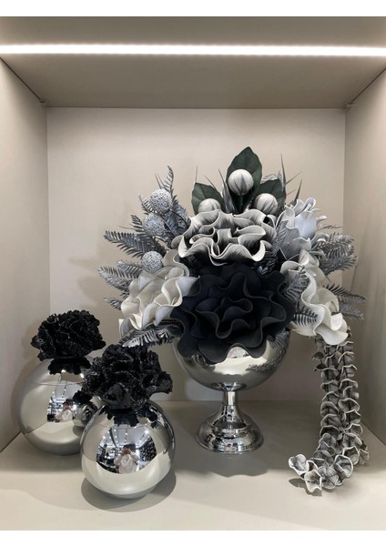 Yapay Çiçekli Gümüş Yuvarlak Vazo 3 Parça Set No:1