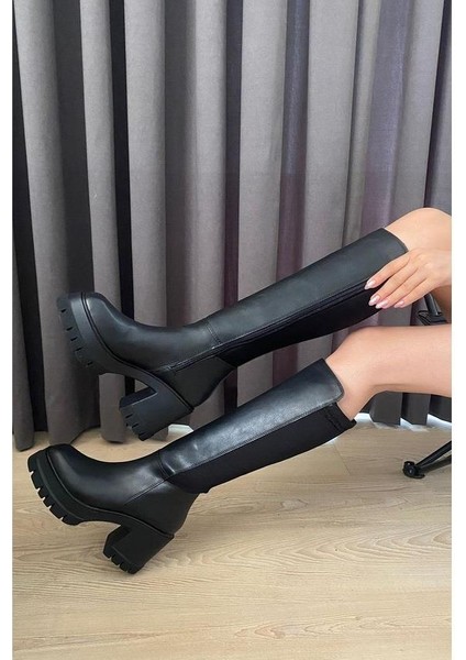 Kadın Arkası Dalgıç Kumaş 8 cm Platformlu Topuklu Çizme Siyah