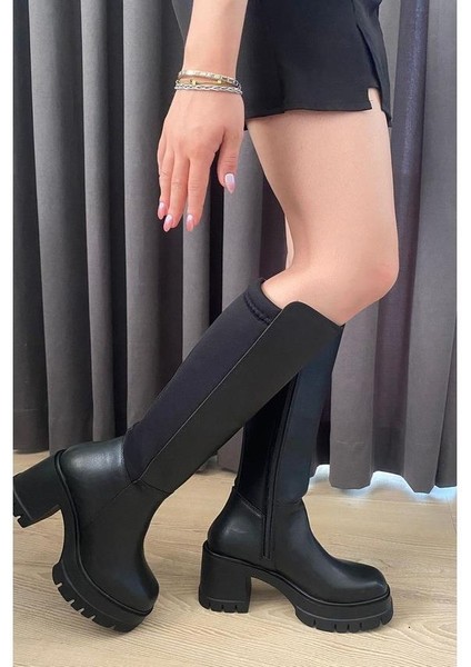 Kadın Arkası Dalgıç Kumaş 8 cm Platformlu Topuklu Çizme Siyah fiyatları