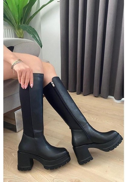 Kadın Arkası Dalgıç Kumaş 8 cm Platformlu Topuklu Çizme Siyah modelleri