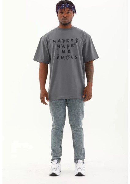 Unisex Oversize Baskılı Bisiklet Yaka T-Shirt - Füme modelleri