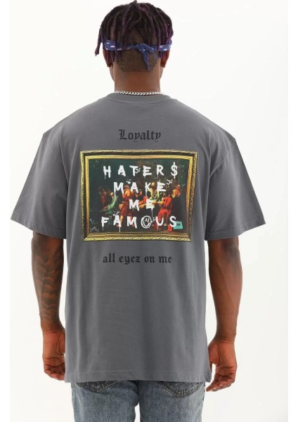 Unisex Oversize Baskılı Bisiklet Yaka T-Shirt - Füme indirimleri