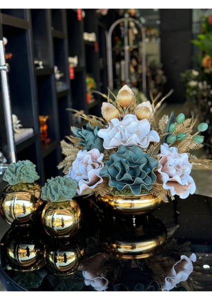 Yapay Çiçekli Gold Yassı Vazo 3 Parça Set No:3