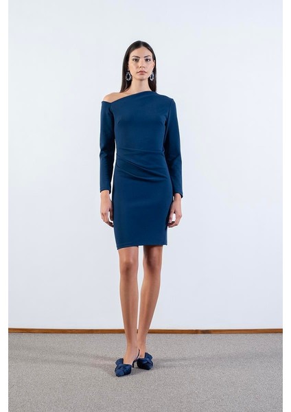 Dreyfus Asimetrik Yaka Drapeli Elbise Petrol