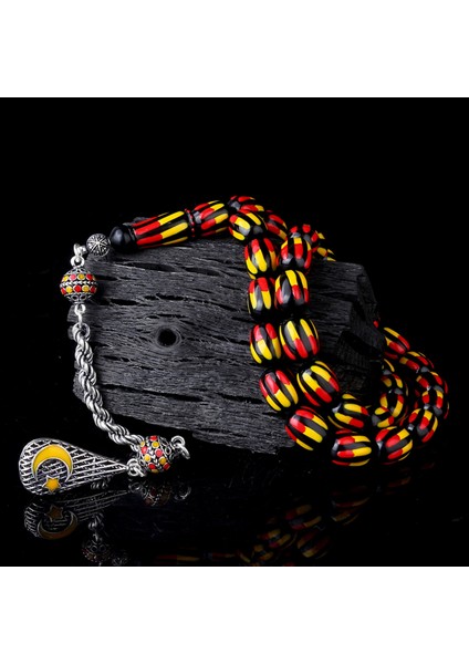 925 Ayar Gümüş Püsküllü Sarı Krımızı Renk Mineli Ateş Kehribar Tesbih