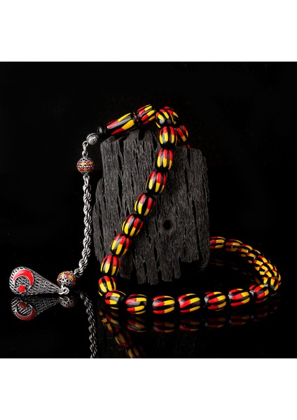 925 Ayar Gümüş Püsküllü Sarı Krımızı Renk Mineli Ateş Kehribar Tesbih fiyatları