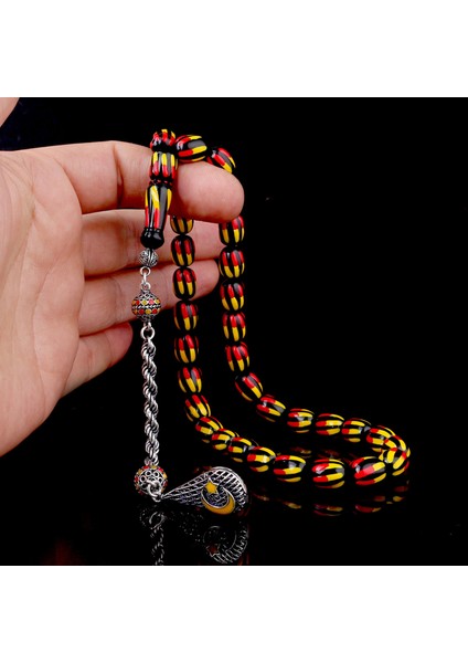 925 Ayar Gümüş Püsküllü Sarı Krımızı Renk Mineli Ateş Kehribar Tesbih modelleri