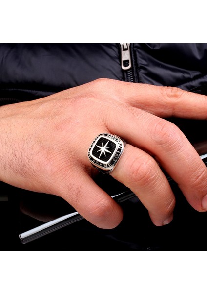 925 Ayar Gümüş Deniz Çapası Pusula Model Erkek Yüzük
