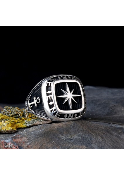 925 Ayar Gümüş Deniz Çapası Pusula Model Erkek Yüzük modelleri