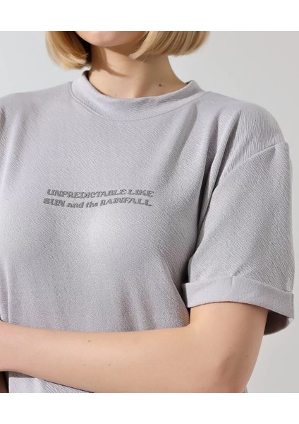 Unisex Bisiklet Yaka Baskılı Slim Fit T-Shirt - Boyalı Gri indirimleri