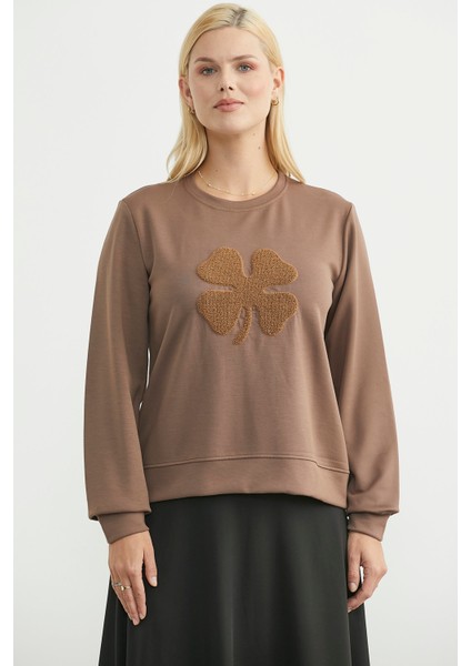 Kontrast Kabartma Baskılı Sweatshirt - Vizon modelleri