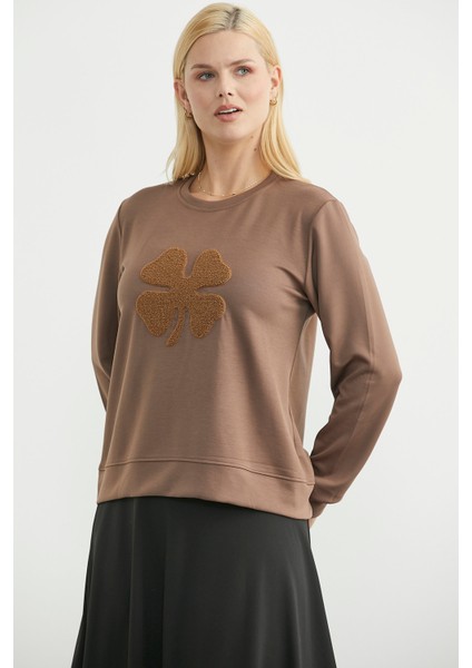 Kontrast Kabartma Baskılı Sweatshirt - Vizon fırsatları