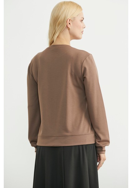 Kontrast Kabartma Baskılı Sweatshirt - Vizon indirimleri