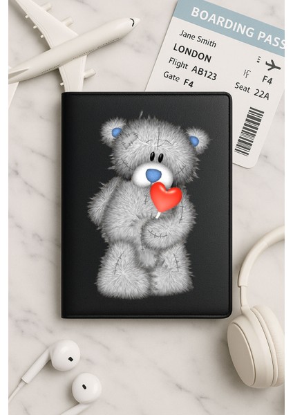Tüm Ülke Pasaportları Için Siyah Vinleks Deri Pasaport Kılıfı Kabı Yaralı Teddy