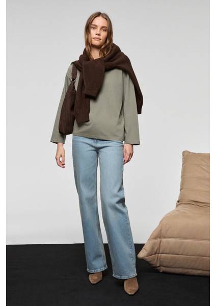 Basıl Kadını Oversize %100 Organik Pamuk Örme Uzun Kol Koyu Gri T-Shirt