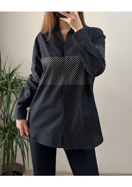 Siyah Önü Taşlı Poplin Gömlek