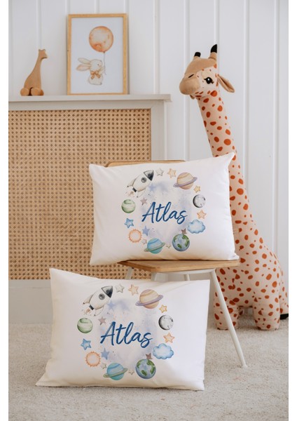 %100 Pamuk Isme Özel 2li Ekru Bebek Yastık Kılıfı 35X45 Cm-Gezegen