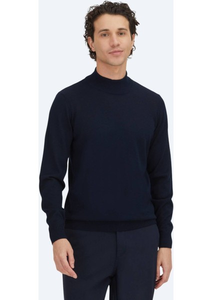 Lacivert Yarım Balıkçı Yaka Jakarlı Yün Karışımlı Triko Kazak