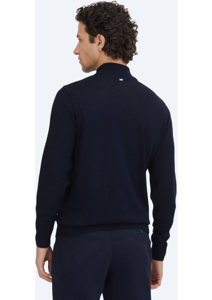 Lacivert Yarım Balıkçı Yaka Jakarlı Yün Karışımlı Triko Kazak indirimleri