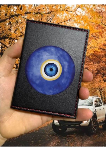 Nazar Boncuğu Desenli Ruhsat Kabı Logolu Oto Ruhsat Kılıfı Vinleks Deri Dikişli Araç Ruhsat Koruyucu