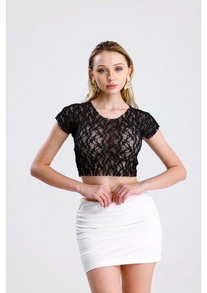 Pis Dikişli Dantel Crop Bluz | BUST36335 Siyah fiyatları
