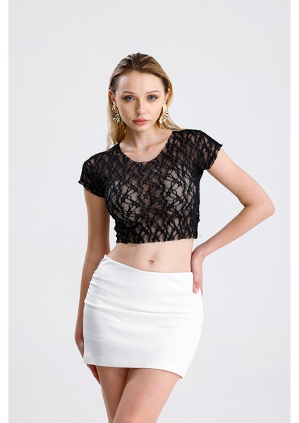 Pis Dikişli Dantel Crop Bluz | BUST36335 Siyah modelleri