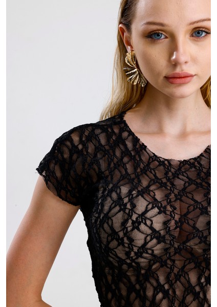 Pis Dikişli Dantel Crop Bluz | BUST36335 Siyah fırsatları