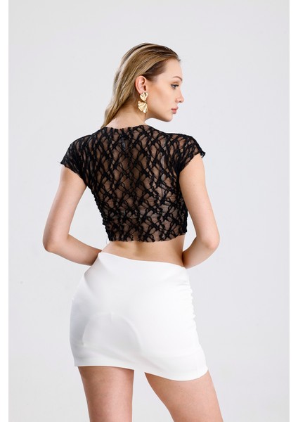 Pis Dikişli Dantel Crop Bluz | BUST36335 Siyah indirimleri