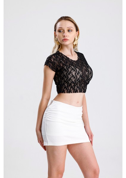 Pis Dikişli Dantel Crop Bluz | BUST36335 Siyah