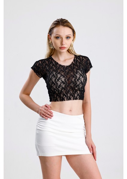Pis Dikişli Dantel Crop Bluz | BUST36335 Siyah