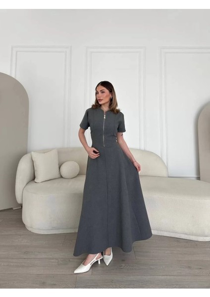 Kısa Kollu Önden Fermuarlı Çan Etekli Uzun Elbise - Antrasit